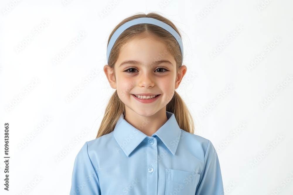 Portrait of a cheerful young girl with a headband, smiling broadly, wearing a light blue shirt against a plain background.