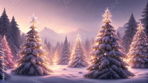 Enchanting winter wonderland illustration of an illuminated Christmas tree forest on a snowy night with festive decorations. Magical Christmas tree in a winter wonderland at night