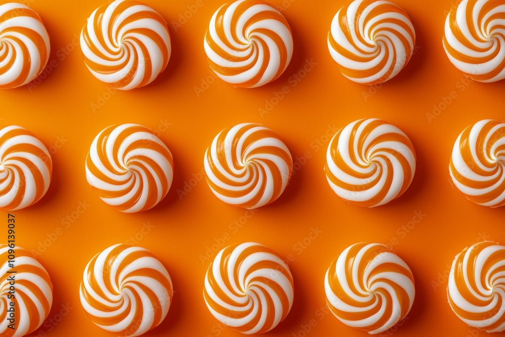 Rows of orange and white swirl candies arranged on a vibrant orange background. Perfect for concepts of sweets, minimalism, and food photography with bold colors. Rows of orange and white swirl candies arranged on a vibrant orange background. Perfect for concepts of sweets, minimalism, and food photography with bold colors.