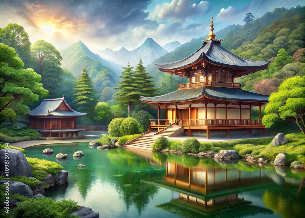 Serene Landscape View of a Traditional Buddhism Temple Surrounded by Nature, Illustrated in a Pattern for Decorative Cards with Japanese and Chinese Influences Serene Landscape View of a Traditional Buddhism Temple Surrounded by Nature, Illustrated in a Pattern for Decorative Cards with Japanese and Chinese Influences