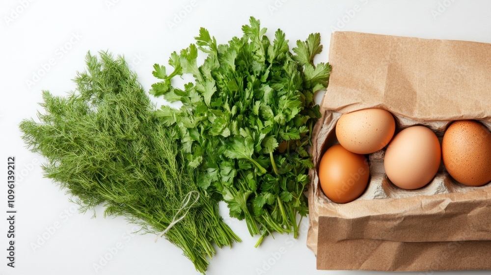 Fresh herbs and eggs arranged for cooking or meal preparation. Fresh herbs and eggs arranged for cooking or meal preparation.