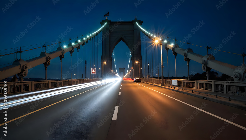 Fototapeta premium The foreground shows the bridge's structure, with its steel cables, girders, and roadway. The roadway is blurred due to the long exposure, creating a sense of movement