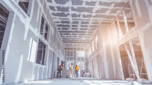 Construction site with workers applying drywall in a partially finished building.