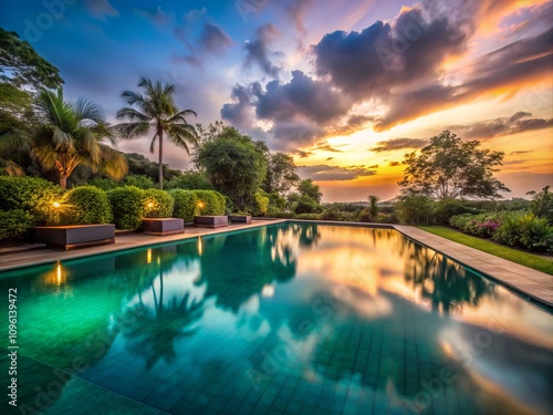 Serene Long Exposure of a Tranquil Pool Scene Capturing Movement and Light Reflections in Crystal Clear Water with Lush Greenery Surrounding for Relaxation and Calmness