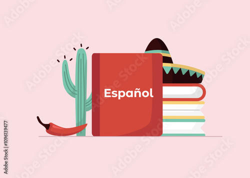 Spanish book surrounded with cuctus, sombrero, pepper. Foreign language study concept. Text "Español" in Spanish language means "Spanish". Vector illustration in flat style.