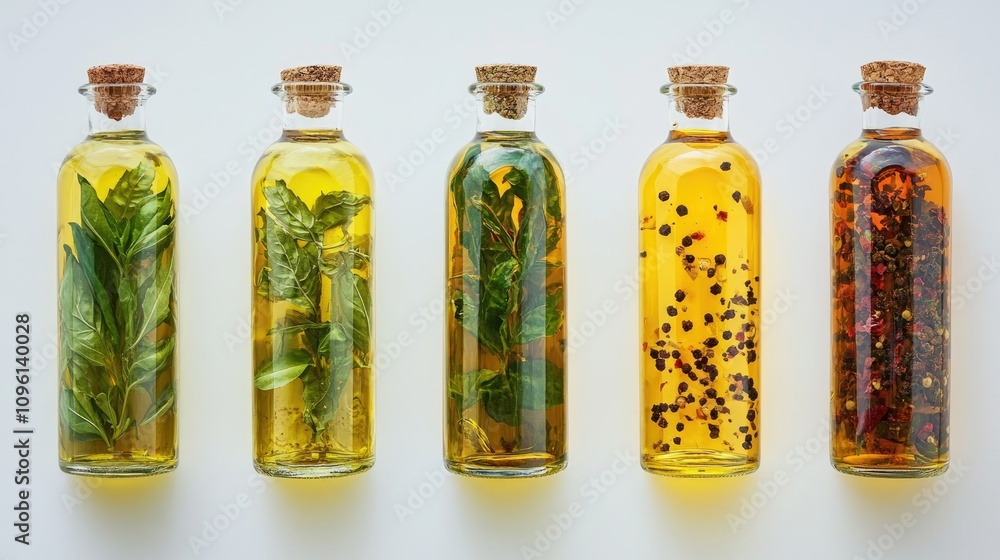Bottles of infused olive oil featuring basil, herbs, and spices arranged on a clean white background, showcasing vibrant colors and textures. Bottles of infused olive oil featuring basil, herbs, and spices arranged on a clean white background, showcasing vibrant colors and textures.