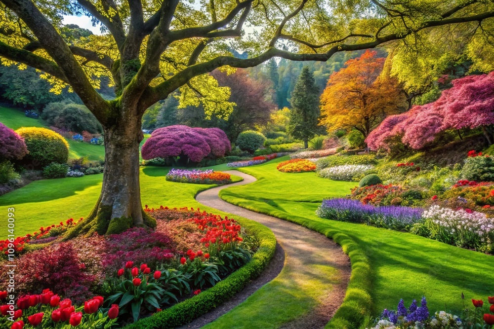 Fototapeta premium Surreal Garden Path with Tree, AI Photo