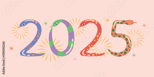 New year 2025 celebration with colorful snake shaped numbers. Happy New Year and symbol of the Snake.