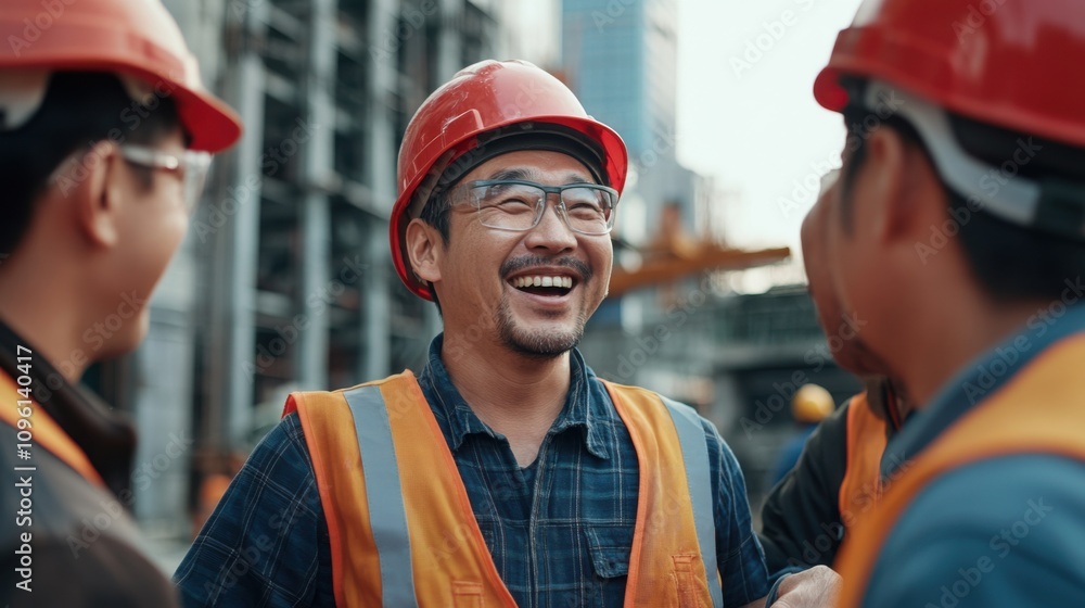 Joyful Construction Workers Collaborating on Site Joyful Construction Workers Collaborating on Site