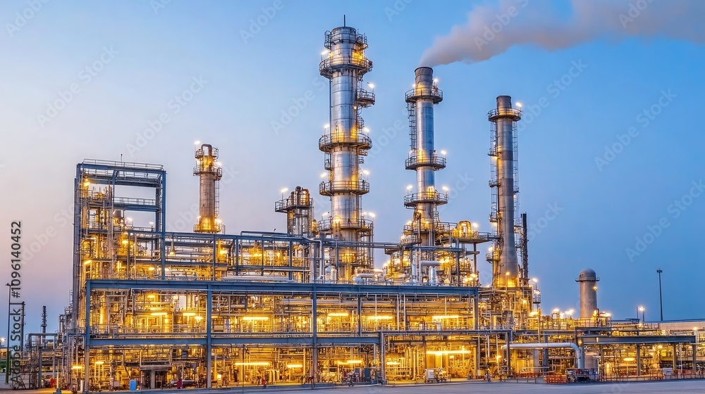 Industrial Complex with Towering Structures and Emissions at Dusk, Showcasing the Modern Energy Production in a Clear Blue Sky Industrial Complex with Towering Structures and Emissions at Dusk, Showcasing the Modern Energy Production in a Clear Blue Sky