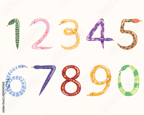 Set of colorful snake shaped numbers design, 0-9 numbers. Snake shaped numbers decorative.