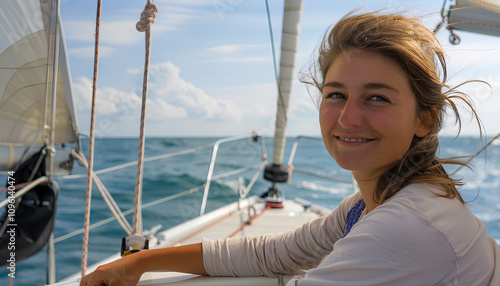 young woman sitting on back deck of sailing multihull boat, water background, yachting concept photo