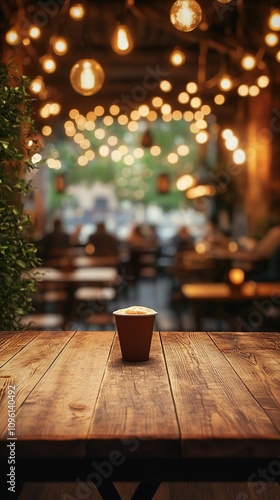 a cup of coffee on a wooden table in a restaurant photo