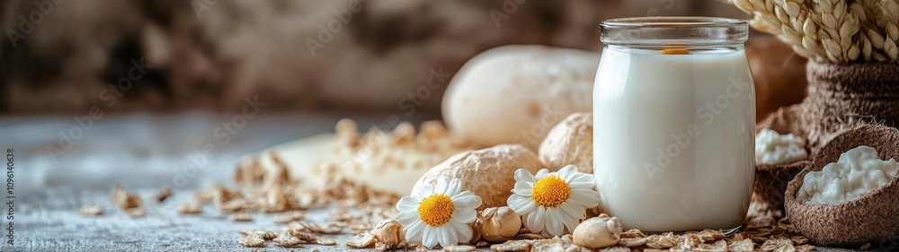 Fresh milk surrounded by eggs, oats, and herbs, creating a rustic and wholesome breakfast scene with natural textures. Fresh milk surrounded by eggs, oats, and herbs, creating a rustic and wholesome breakfast scene with natural textures.