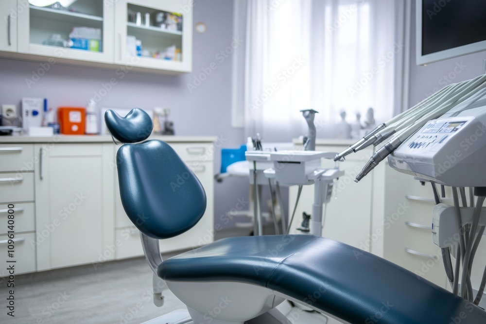 A clean and well-organized dental clinic features a comfortable treatment chair and various dental instruments. Natural light filters through the window, enhancing the space's welcoming atmosphere A clean and well-organized dental clinic features a comfortable treatment chair and various dental instruments. Natural light filters through the window, enhancing the space's welcoming atmosphere