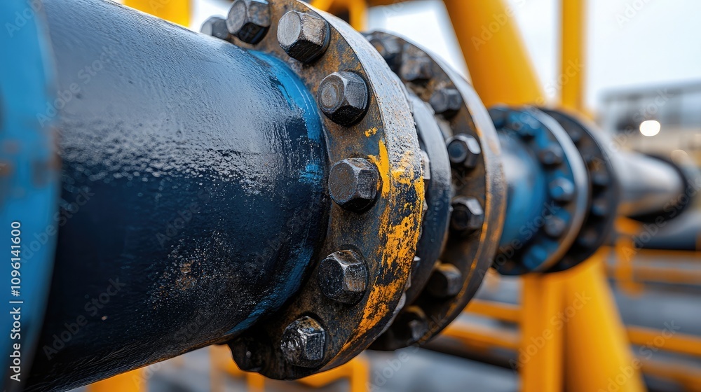 Industrial Pipe Connection with Metal Flange and Bolts, Close-Up View Showcasing Rust and Corrosion in an Outdoor Setting on a Construction Site Industrial Pipe Connection with Metal Flange and Bolts, Close-Up View Showcasing Rust and Corrosion in an Outdoor Setting on a Construction Site