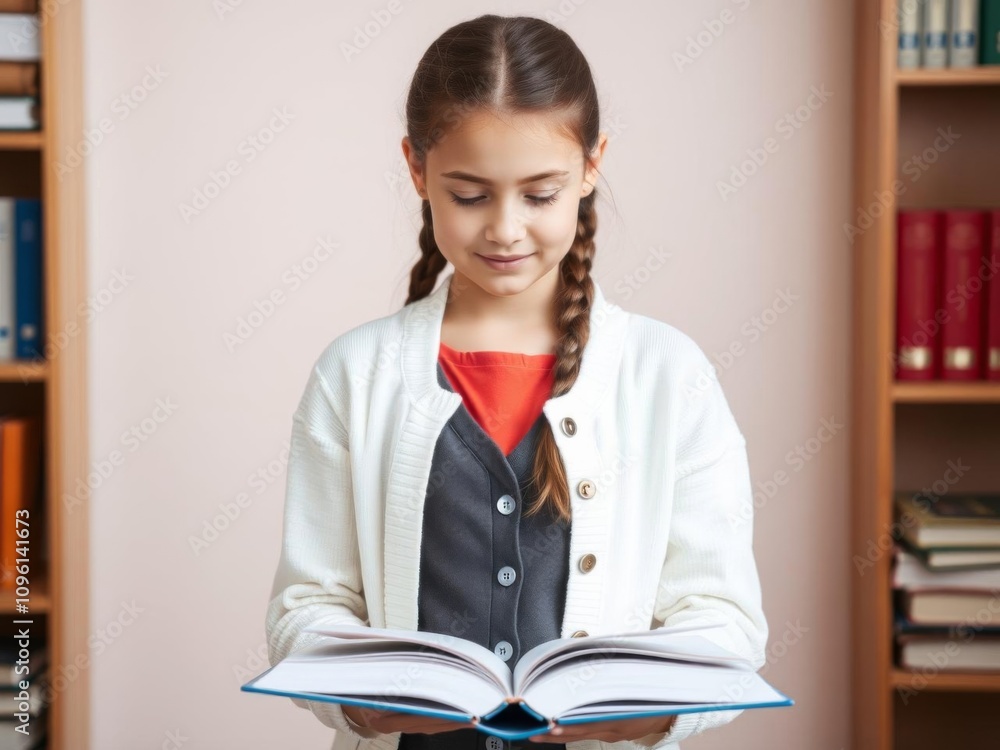 Young girl in white cardigan sitting at desk reading an opened book with copy space, ideal for educational concept designs, white cardigan, girl, reading Young girl in white cardigan sitting at desk reading an opened book with copy space, ideal for educational concept designs, white cardigan, girl, reading