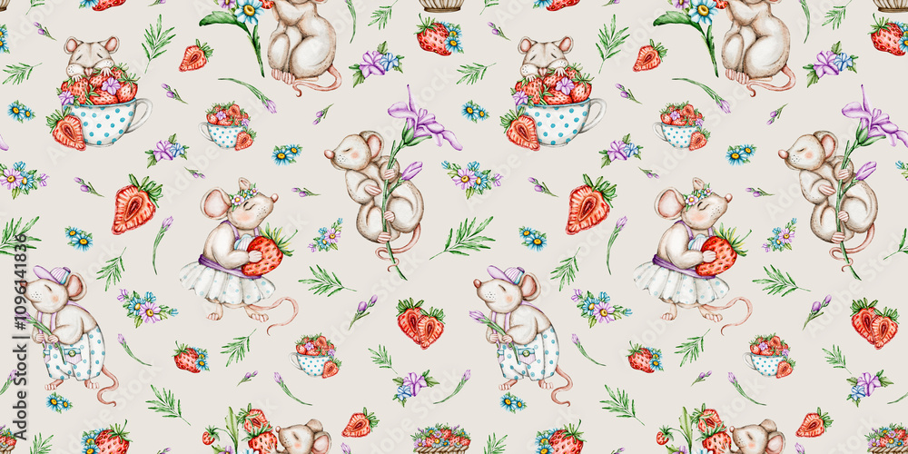 seamless watercolour patterns Fairy Garden Mice, Strawberries and Flower seamless watercolour patterns Fairy Garden Mice, Strawberries and Flower