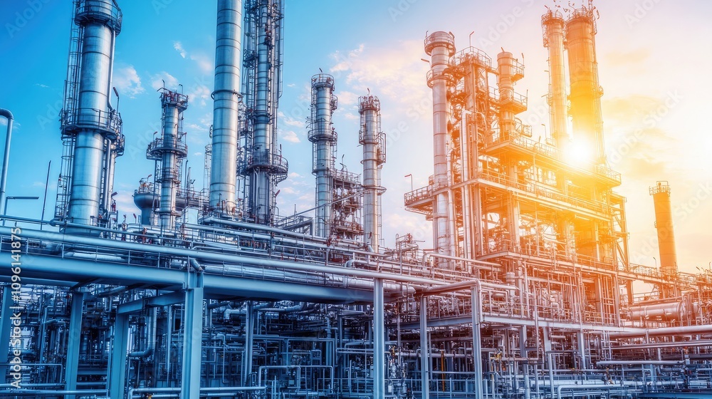 Industrial Facility with Towers and Pipes Surrounded by Clear Sky During Golden Hour, Showcasing Modern Energy Production and Technological Advancements Industrial Facility with Towers and Pipes Surrounded by Clear Sky During Golden Hour, Showcasing Modern Energy Production and Technological Advancements