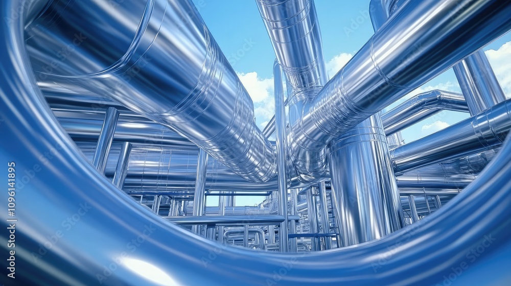 Industrial Pipe System with Metallic Surface and Clear Blue Sky Background, Depicting Modern Engineering and Complex Infrastructure Design in a Dynamic Perspective Industrial Pipe System with Metallic Surface and Clear Blue Sky Background, Depicting Modern Engineering and Complex Infrastructure Design in a Dynamic Perspective
