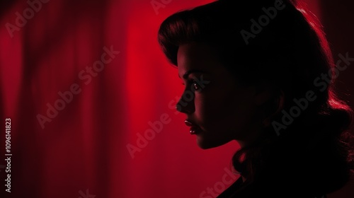 Profile of a vintage-styled woman in dramatic red lighting, creating an elegant and mysterious atmosphere.