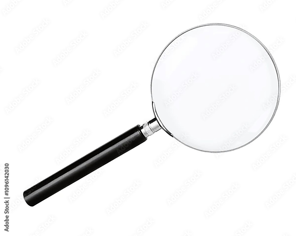 The image displays a magnifying glass with a round, clear lens and a black handle. It is positioned against a neutral background. There are no texts or additional objects visible in the image.
The image displays a magnifying glass with a round, clear lens and a black handle. It is positioned against a neutral background. There are no texts or additional objects visible in the image.