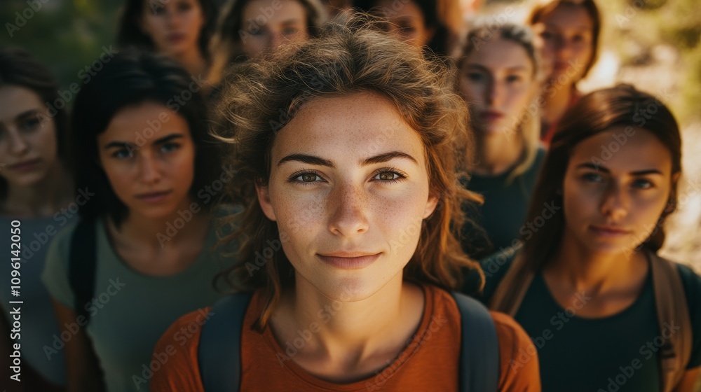 A diverse group of young women stand confidently outdoors, embodying empowerment and unity against a natural background. A diverse group of young women stand confidently outdoors, embodying empowerment and unity against a natural background.