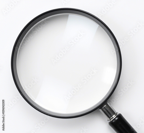 The image displays a magnifying glass with a round, clear lens and a black handle. It is positioned against a neutral background. There are no texts or additional objects visible in the image.

 photo