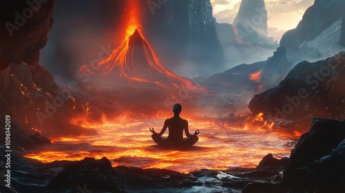 A serene silhouette meditates peacefully near a fierce, erupting volcano surrounded by flowing molten lava, symbolizing inner calm.