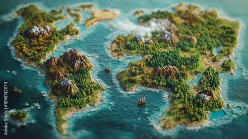 Fototapeta Naklejka Na Ścianę i Meble -  Stylized 3D world map showing continents, oceans, mountains, forests, and sailing ships.