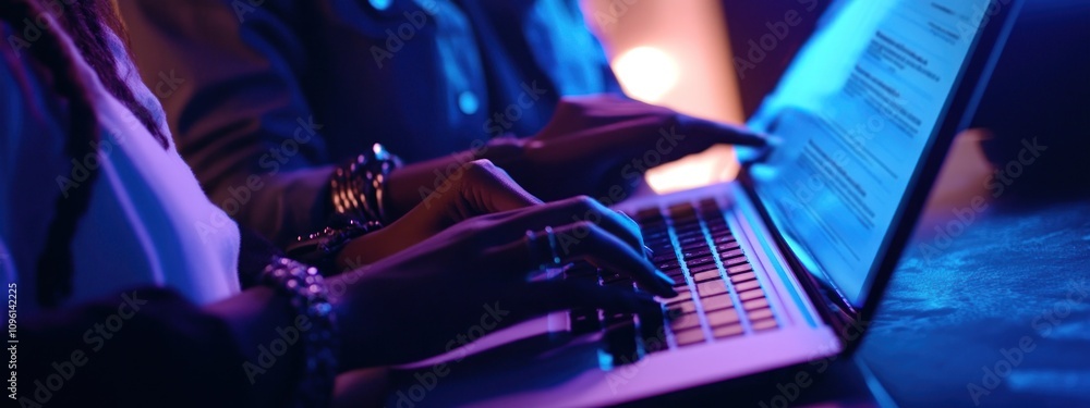 Close-up of hands typing on a laptop in a dimly lit environment. Close-up of hands typing on a laptop in a dimly lit environment.