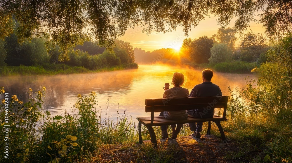 A couple sits on a bench, sipping coffee, as they watch a tranquil sunrise over a misty lake. A couple sits on a bench, sipping coffee, as they watch a tranquil sunrise over a misty lake.