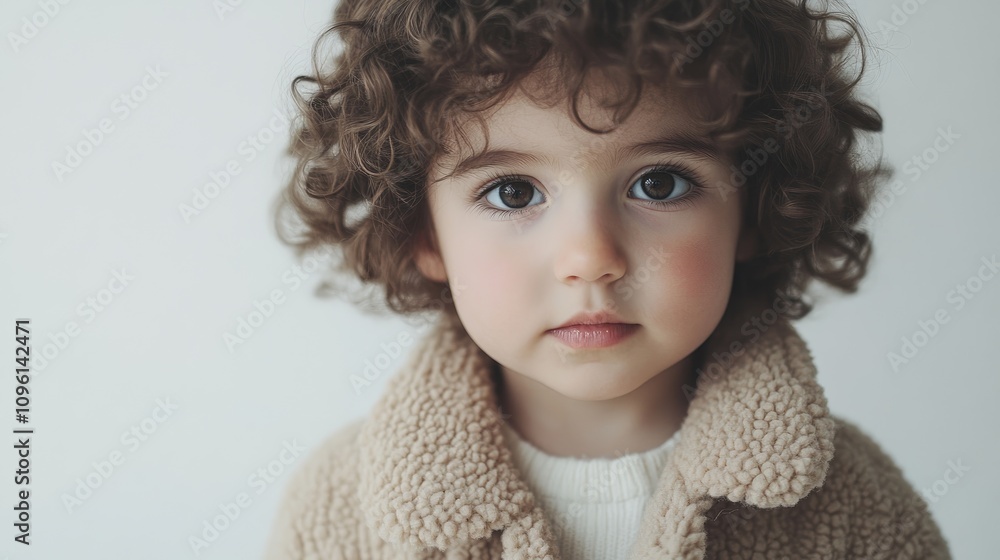 Portrait of a charming young girl with curly hair in a cozy light coat, gazing softly at the camera against a minimalist white background. Portrait of a charming young girl with curly hair in a cozy light coat, gazing softly at the camera against a minimalist white background.
