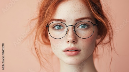Close-up of a young woman with red hair, wearing glasses, against a peach background, exuding a thoughtful expression.