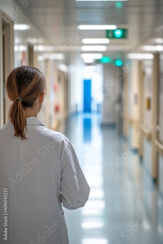 A healthcare worker wearing a white coat walks down a brightly lit hospital corridor. The atmosphere is calm, with light reflecting off the polished floor and walls