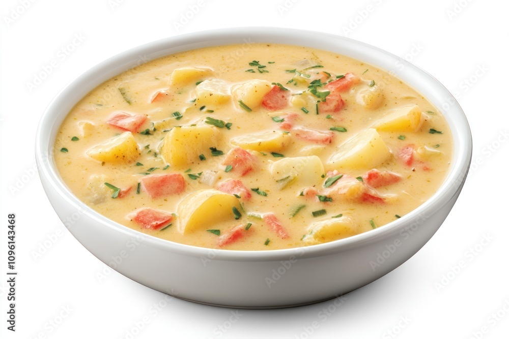 A creamy soup with potatoes and vegetables in a white bowl, ideal for a comforting meal. A creamy soup with potatoes and vegetables in a white bowl, ideal for a comforting meal.