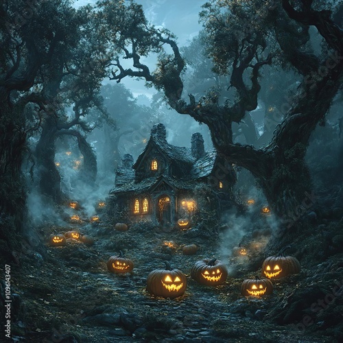 arafed house in a forest with carved pumpkins in front of it photo