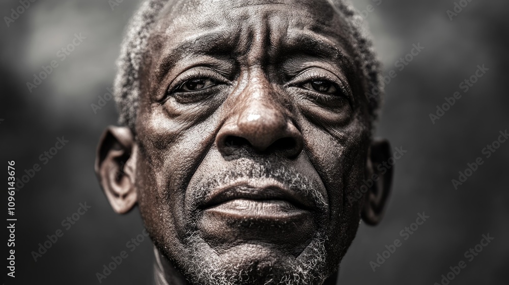 Close-up portrait of an older African American man with pronounced facial features, deep-set eyes, and a thoughtful expression against a blurred dark background. Close-up portrait of an older African American man with pronounced facial features, deep-set eyes, and a thoughtful expression against a blurred dark background.