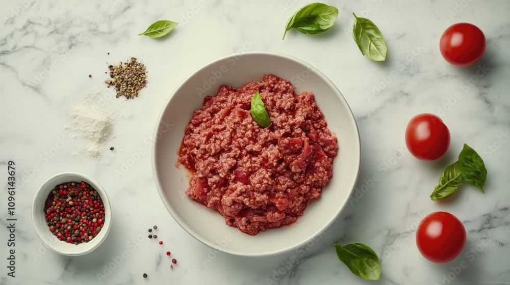 Savory minced beef with fresh tomatoes and basil surrounded by spices on a marble backdrop, highlighting healthy Italian cuisine ingredients. Savory minced beef with fresh tomatoes and basil surrounded by spices on a marble backdrop, highlighting healthy Italian cuisine ingredients.