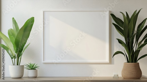 Minimalist white frame mockup displayed on a clean office reception wall accompanied by vibrant green plants and a stylish wooden shelf.