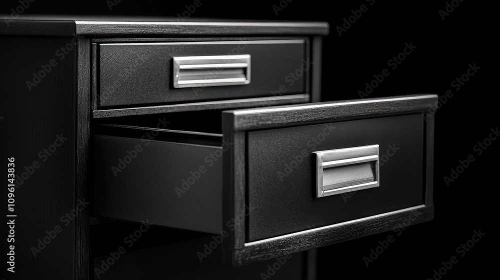 Close-up of an Open Black Drawer with Metallic Handle Against a Black Background, Showcasing Organized Space for Office or Home Storage Solutions Close-up of an Open Black Drawer with Metallic Handle Against a Black Background, Showcasing Organized Space for Office or Home Storage Solutions