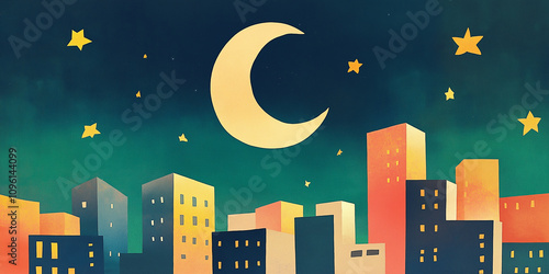 Peaceful Cityscape with Crescent Moon and Stars in Ramadan Retro Art Style photo