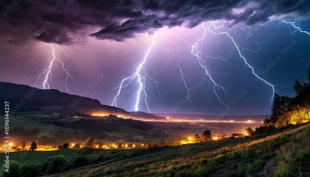Obraz premium Mesmerizing Night Skies: Vivid Lightning Illuminates the Darkness with an Ethereal Glow, Transforming the Landscape into a Scene of Pure Energy and Breathtaking Beauty Amidst the Storm