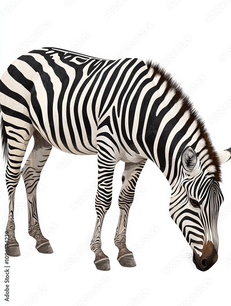 Fototapeta premium Zebra grazing, white isolate background