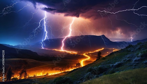 A breathtaking display of natureâ€™s power: glowing lightning electrifies the night sky, illuminating the darkness with an enchanting, otherworldly glow that evokes awe and wonder in all who photo