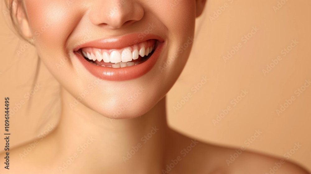 Obraz premium Beautiful female smile after teeth whitening procedure. Dental care. Dentistry concept