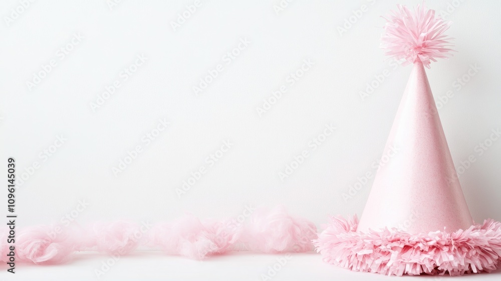 Pastel pink party hat adorned with a fluffy trim, set against a clean white backdrop, creating a cheerful and festive atmosphere. Pastel pink party hat adorned with a fluffy trim, set against a clean white backdrop, creating a cheerful and festive atmosphere.