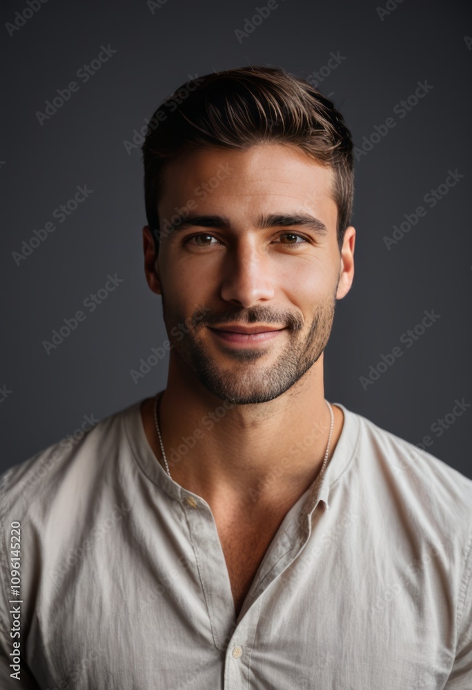 portrait of a smiling man, soft lighting, white shirt, dark background, handsome, casual elegance, shallow depth of field, studio photography style
portrait of a smiling man, soft lighting, white shirt, dark background, handsome, casual elegance, shallow depth of field, studio photography style