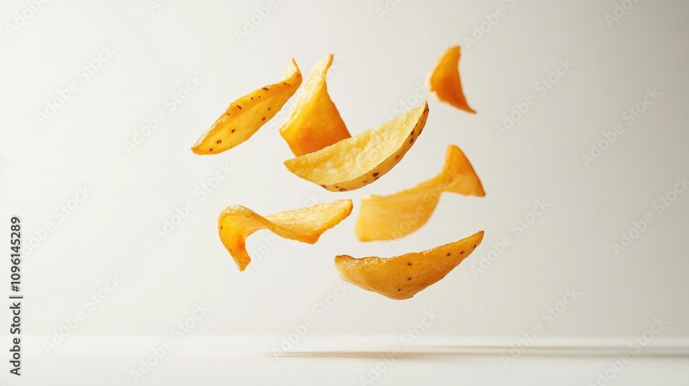 Flying potato fries in various shapes and sizes, suspended against a clean white backdrop, showcasing their crispy textures and golden color. Flying potato fries in various shapes and sizes, suspended against a clean white backdrop, showcasing their crispy textures and golden color.