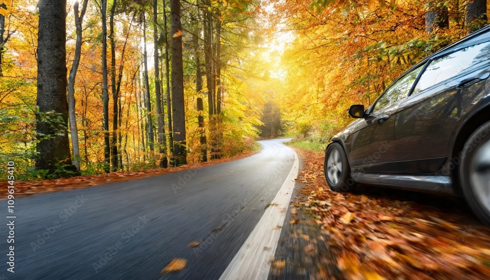 Dynamic view of a car speeding through a vibrant autumn forest, with motion blur capturing the energy of the moment on a picturesque road lined with golden, red, and orange foliage. Dynamic view of a car speeding through a vibrant autumn forest, with motion blur capturing the energy of the moment on a picturesque road lined with golden, red, and orange foliage.